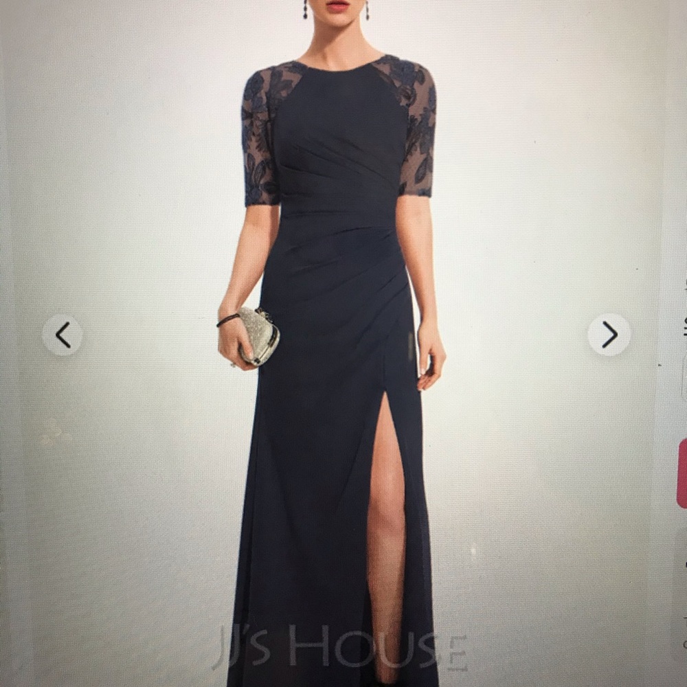 JJs House Blue Lace-Sleeve Maxi Dress with Front Slit ..please all pictures